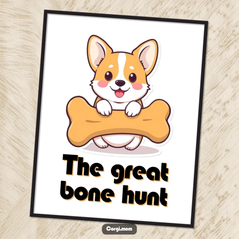 Funny Kawaii Corgi Digital Art showing a cute Corgi dog peeking from behind a giant bone, ready to be printed.