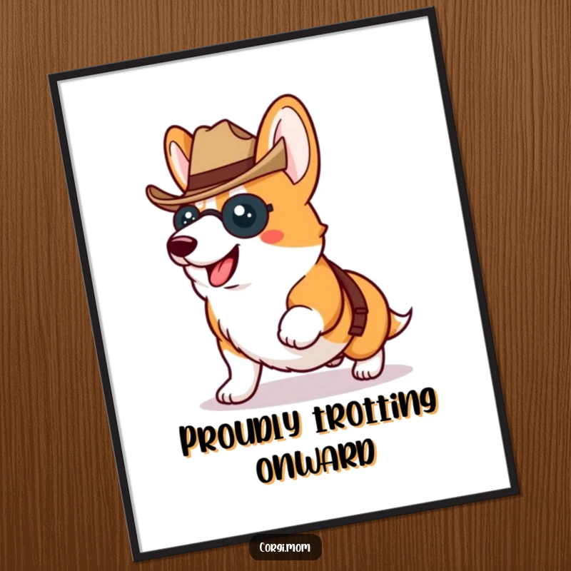 Funny Kawaii Corgi proudly trotting wearing a tiny cowboy hat, vibrant and humorous digital art.