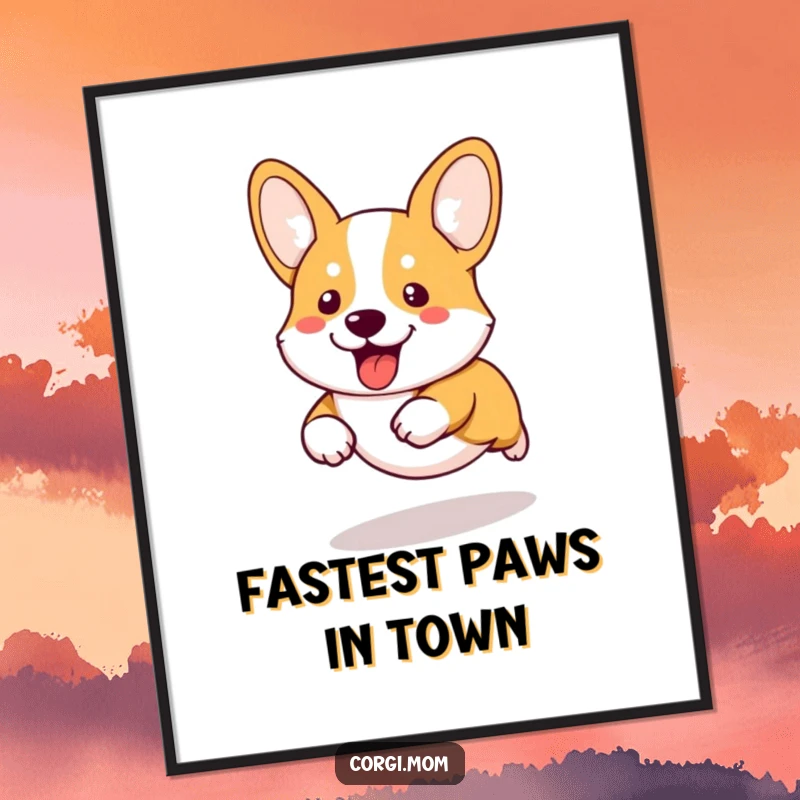 Funny kawaii corgi with comically short legs running at top speed, presented as a vibrant and humorous digital art print.