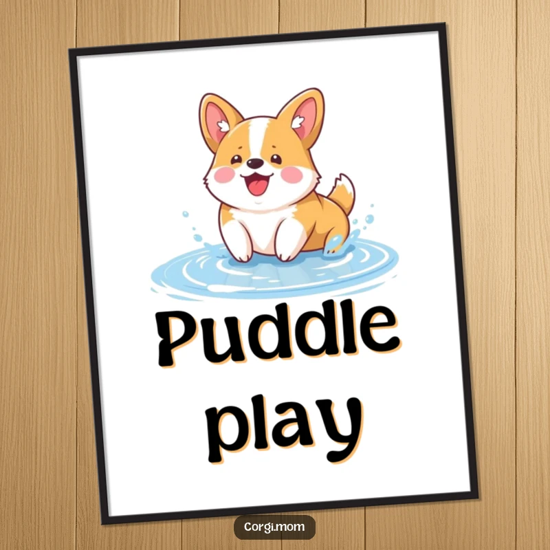 Funny Kawaii Corgi Digital Art Print: a vibrant illustration of a kawaii corgi happily splashing in a puddle, full of playful energy.