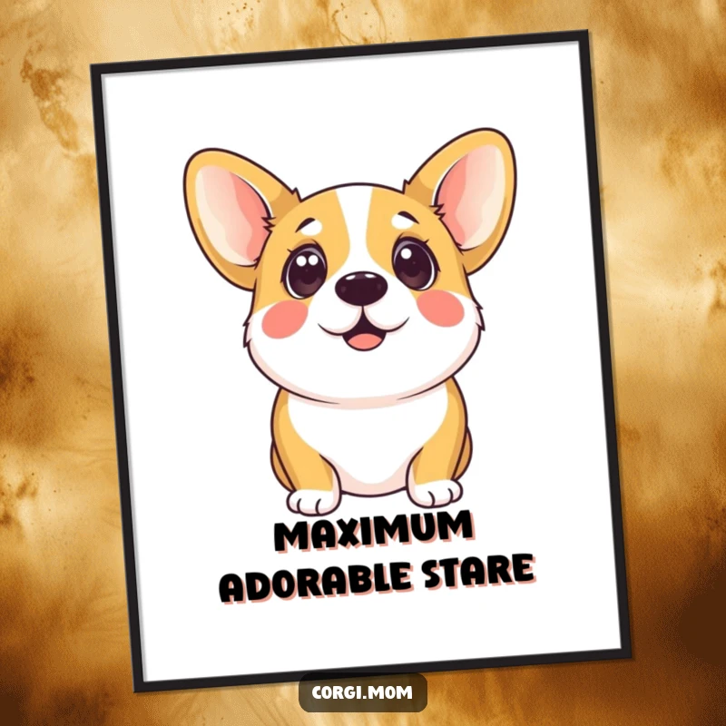 Funny kawaii corgi with large, pleading, eager eyes looking up, presented as a heartwarming and humorous digital art print.