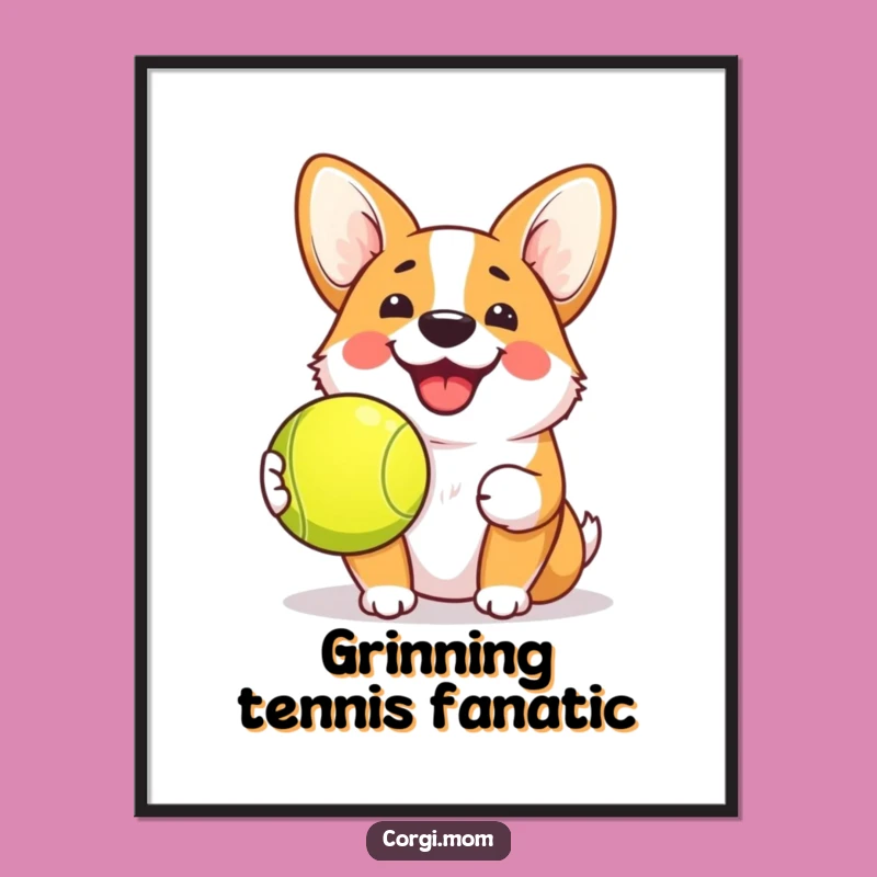 Funny Kawaii Corgi Grin Digital Print - Tennis Ball Pup Art Gift