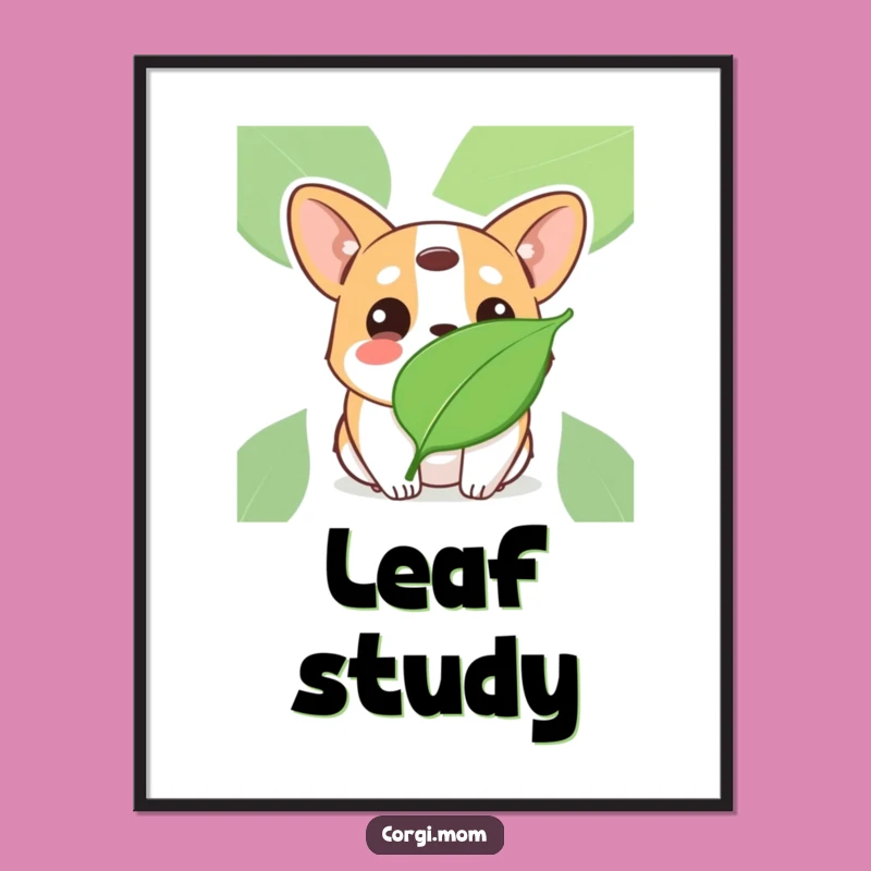 Funny Kawaii Corgi Leaf Curiosity Digital Print: Instant Nature-Inspired Art
