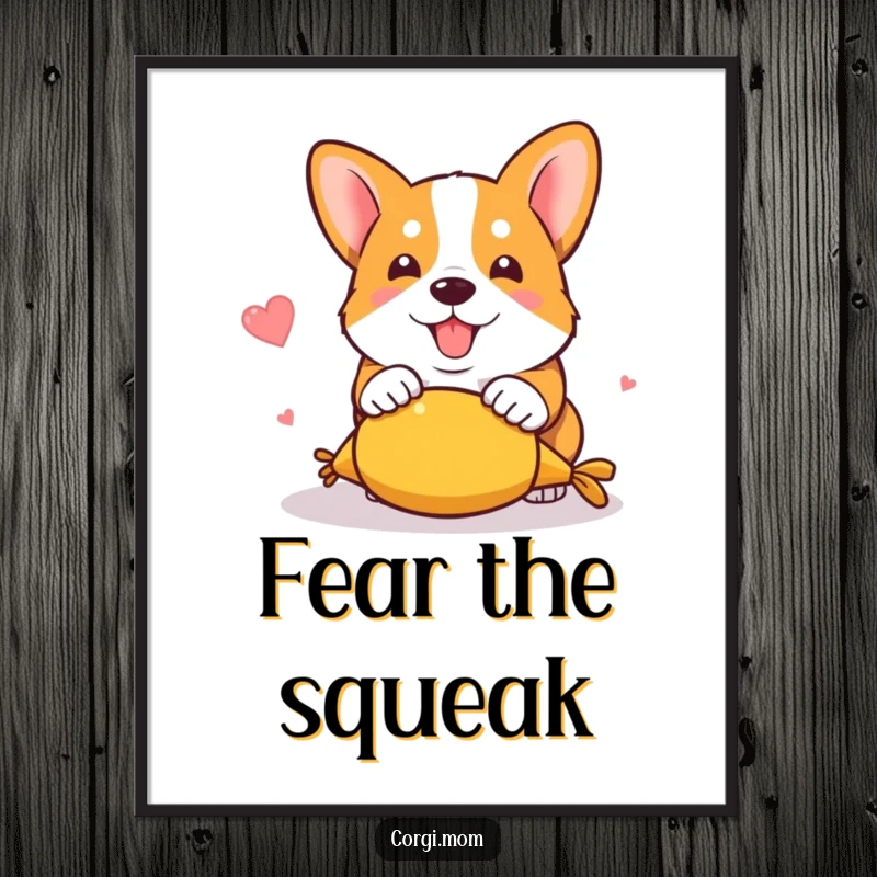 Funny kawaii corgi in a dynamic, hilarious pounce on a squeaky toy, presented as a vibrant digital art print.