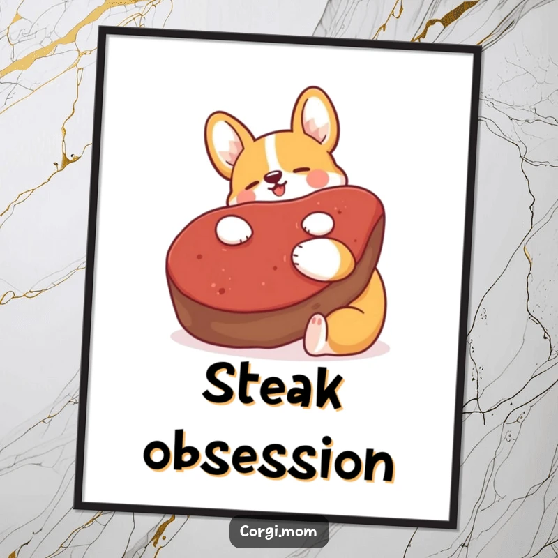 Funny Kawaii Corgi digital art print, blissfully hugging a giant plush steak, instant humorous wall decor.