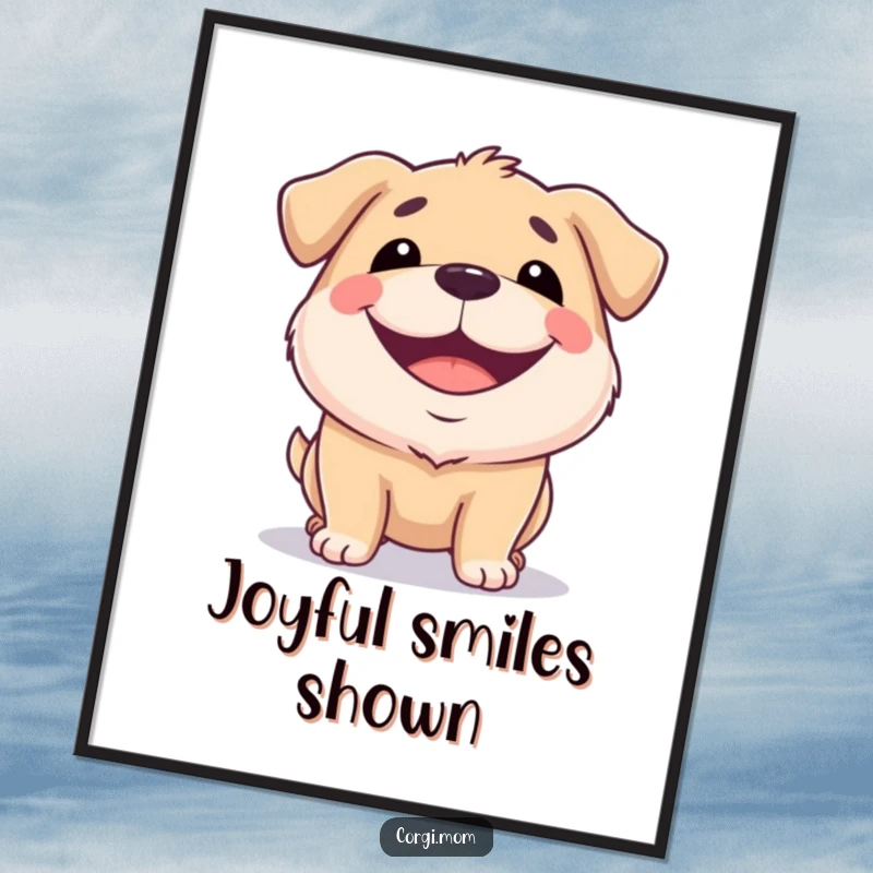 Funny digital art print of a squat dog with a wide, happy grin, bringing instant joy and canine charm.