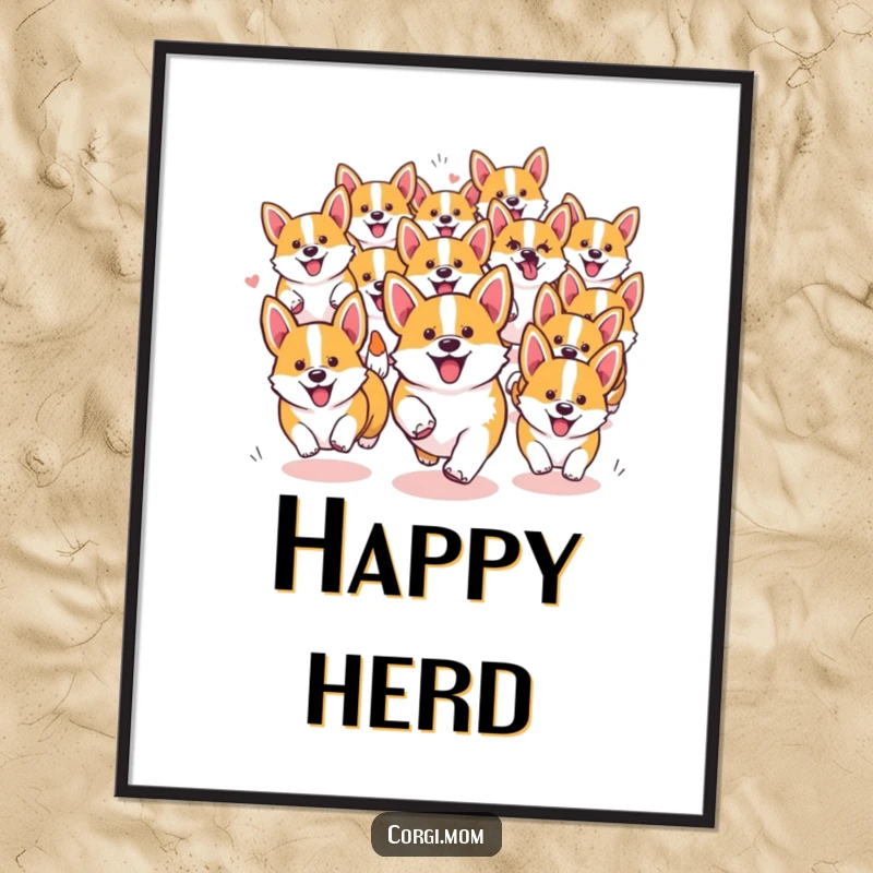 Funny Kawaii Corgi digital art print showing a happy, chaotic pack of dogs running together, ready to adorn walls.