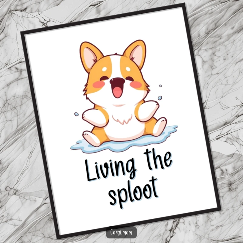 Funny Kawaii Corgi sploot digital art print, featuring a dog splayed out and radiating happiness, ready to adorn any wall.
