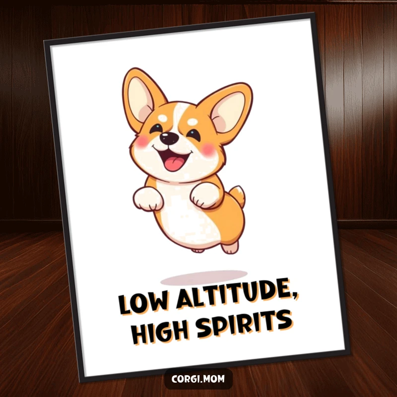 Funny Corgi with large ears doing a low, airborne jump, ready to print as instant digital dog wall art.
