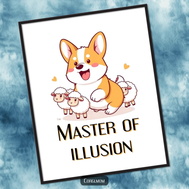 Funny Kawaii Corgi Digital Art print of an energetic corgi diligently herding unseen sheep with great focus.