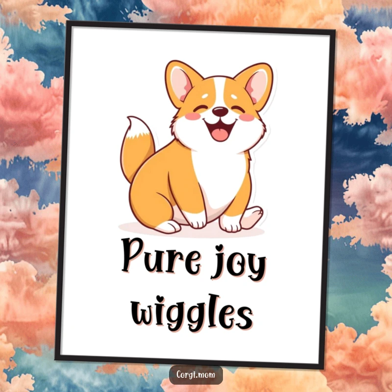 Funny Kawaii Corgi digital art print of a cute Corgi wiggling its entire body with pure joy, delivering instant cheer.
