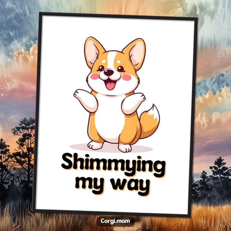 Funny Kawaii Corgi digital art print of a dog performing a hilarious tail shimmy, ready to be printed and displayed for instant cheer.