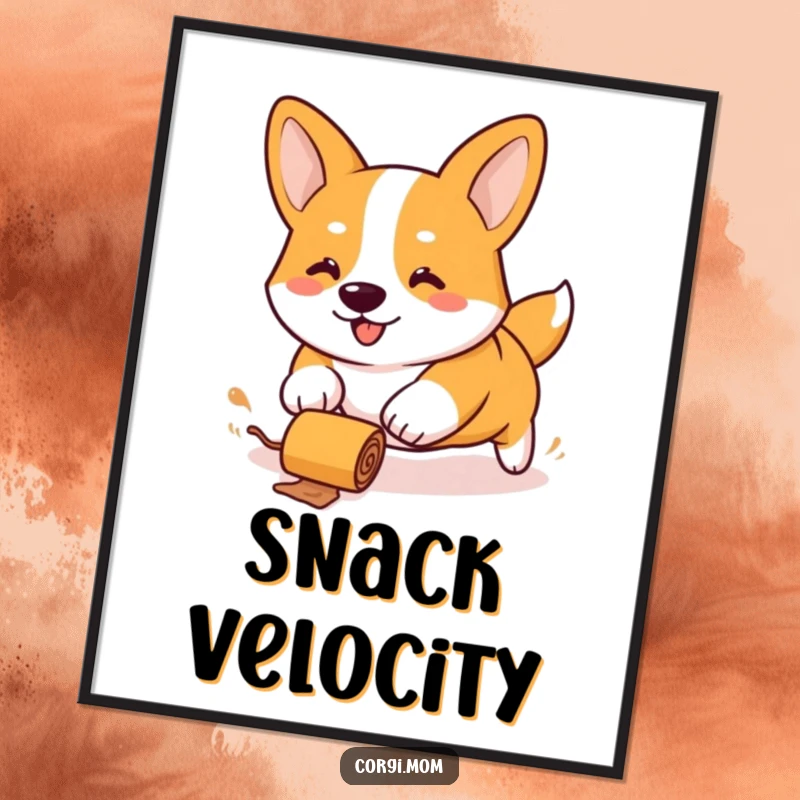 Funny Kawaii Corgi digital art print, stubby legs energetically chasing a rolling treat, full of humor and adorable canine action.