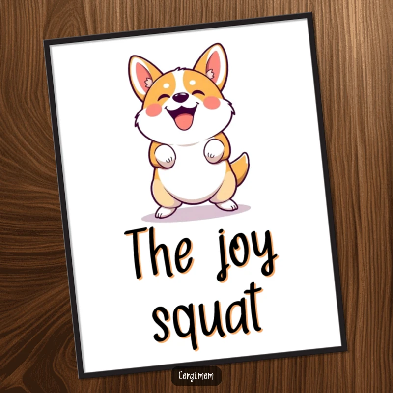 Funny cute Corgi digital art print performing a joyful, squatting bounce. Ideal for instant decor and a funny gift.