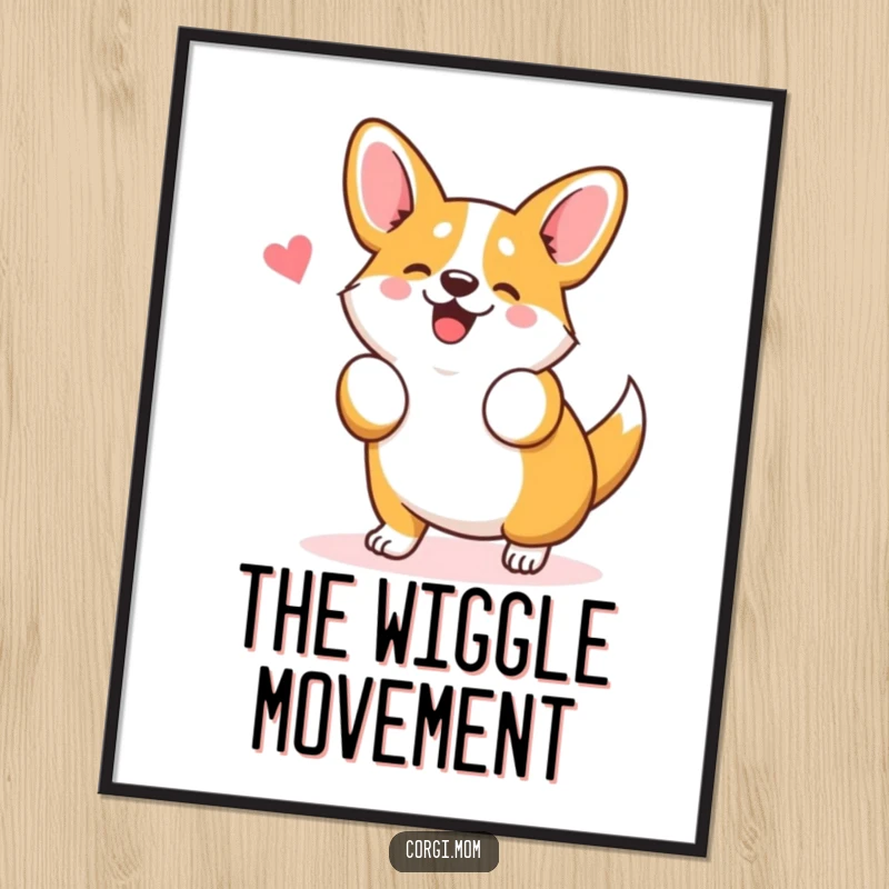 Funny Kawaii Corgi Digital Art showing a cute Corgi dog doing a silly wiggle dance, ready to be printed.
