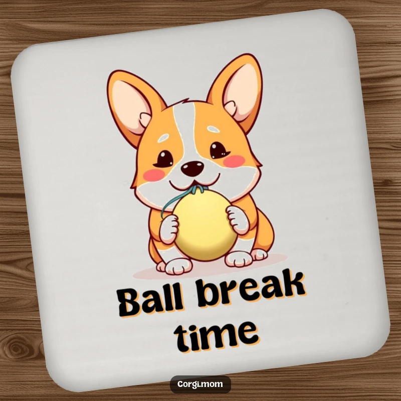 Funny coasters featuring a kawaii corgi offering a slobbery ball with a hopeful smile, perfect for dog-themed gatherings.