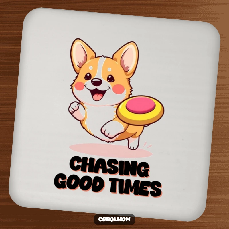 Funny Kawaii Corgi Coaster: A cute Corgi chasing a frisbee, designed to protect your tables.