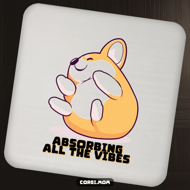Funny Corgi rolling with pure joy, featured on drink coasters to add a humorous touch to tabletops.