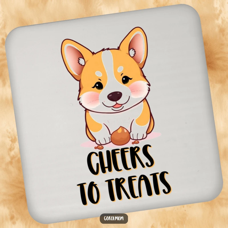 Funny Corgi drink coaster, a Corgi intently focused on a dropped treat, adding humor to surfaces.