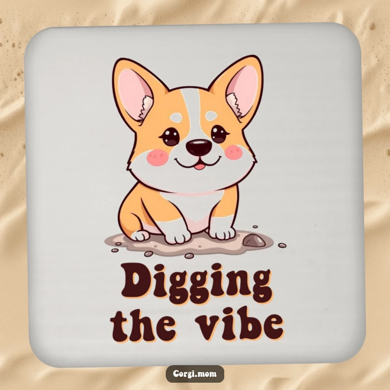 Funny Drink Coasters displaying a determined Kawaii Corgi humorously digging, perfect for adding a motivational touch.