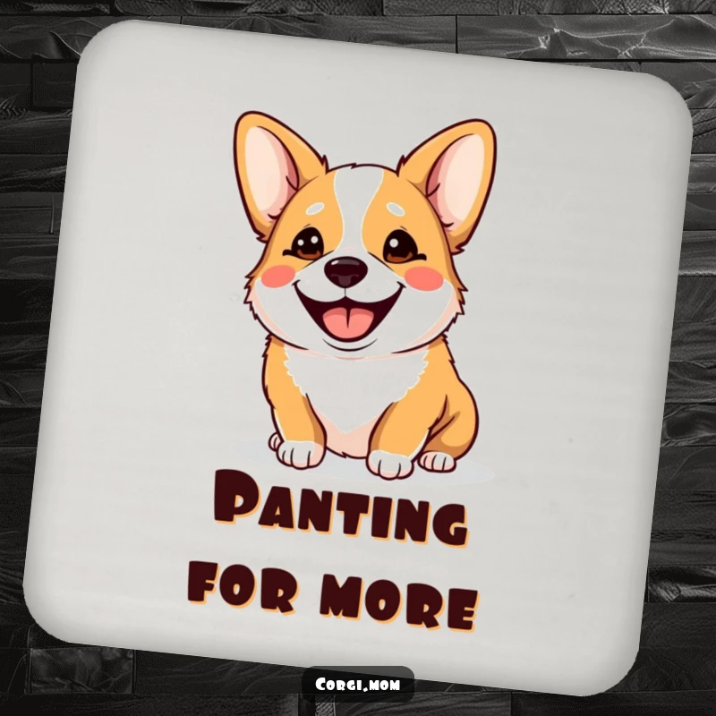 Funny Goofy Corgi Coasters, showing a corgi panting with a huge, goofy smile, protecting surfaces with canine charm and humor.