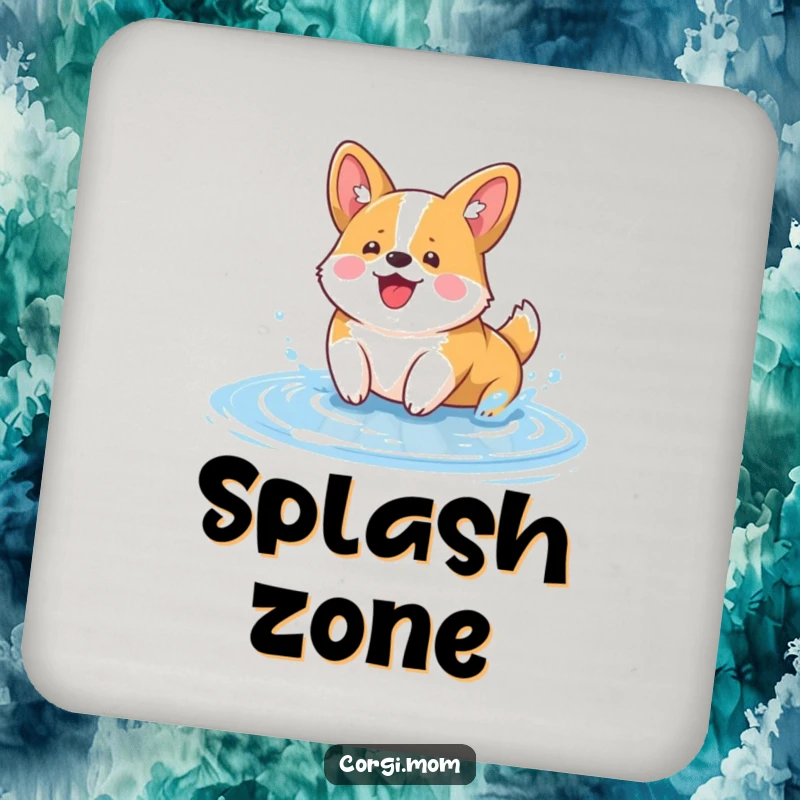 Funny Kawaii Corgi Coaster: a delightful corgi character captured splashing happily in a puddle, protecting surfaces with cute humor.