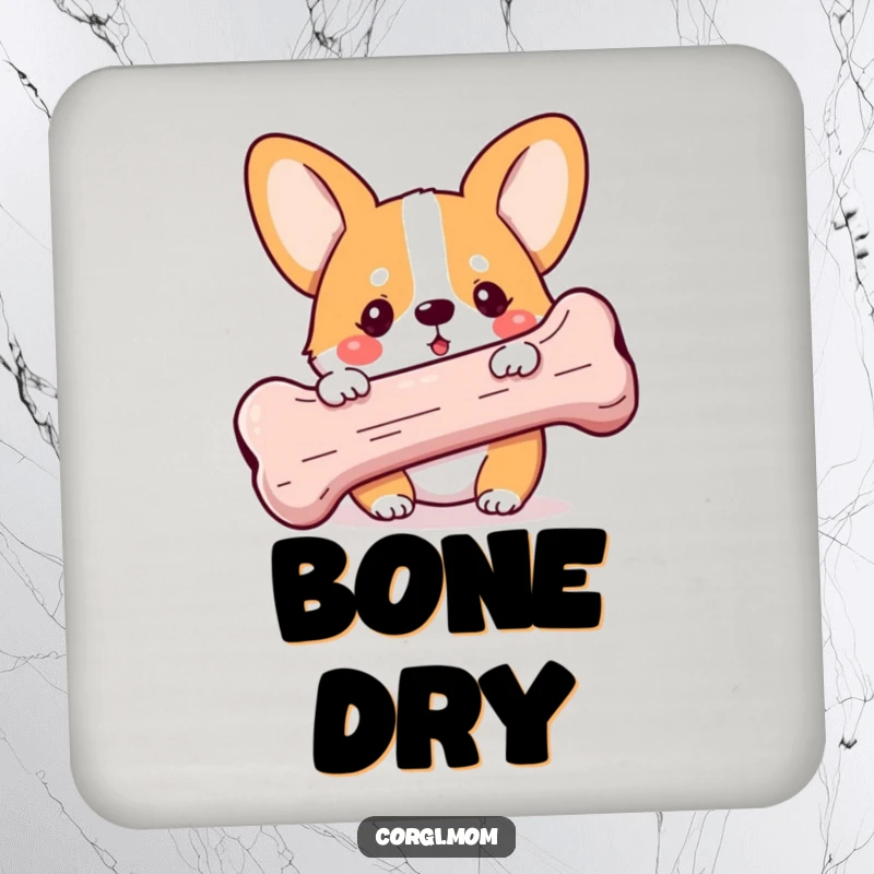 Funny Kawaii Corgi drink coaster, peeking playfully from behind a large bone, protecting surfaces with adorable dog art.