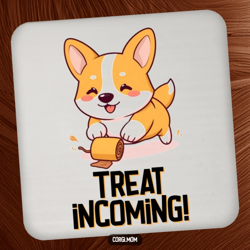 Funny Kawaii Corgi drink coaster, stubby legs hilariously chasing a rolling treat, protecting surfaces with humor.