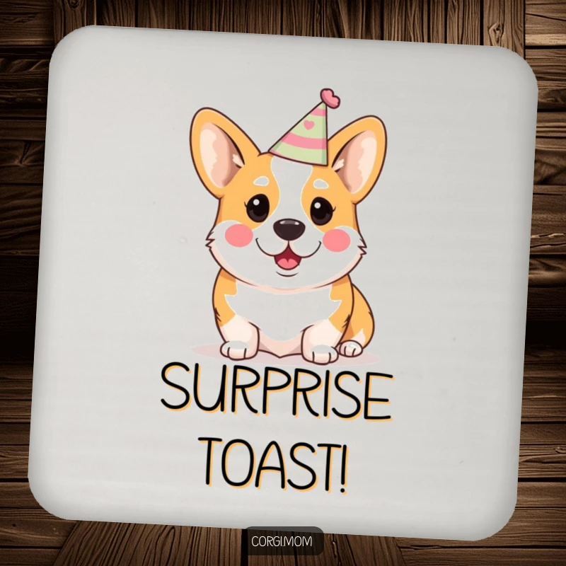 Funny Kawaii Corgi Coaster: A cute Corgi in a party hat looking surprised, designed to protect your table.