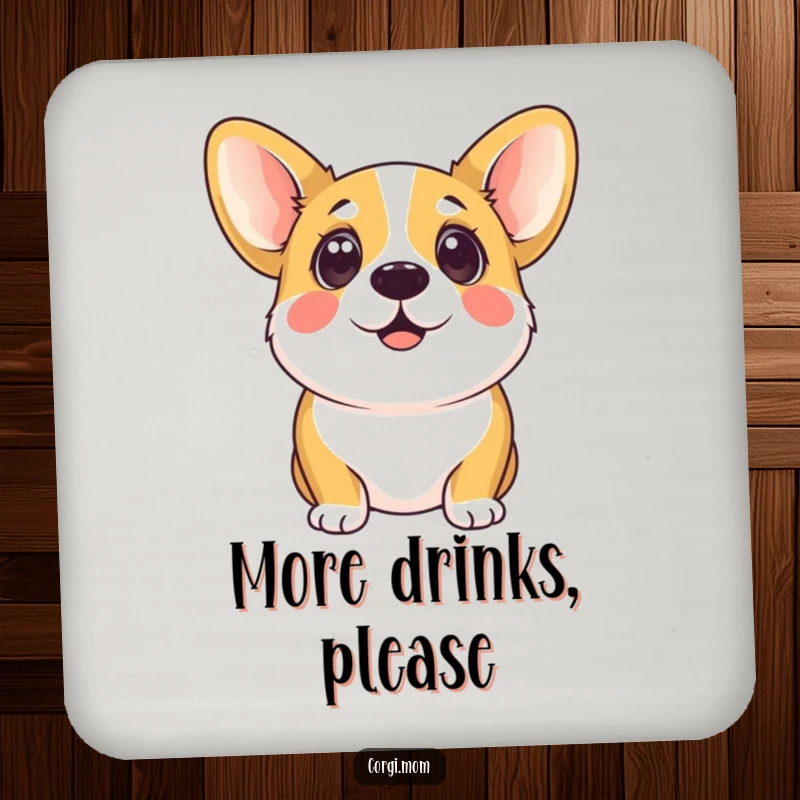 Funny kawaii corgi with large, eager eyes looking up, providing a humorous and protective element on a drink coaster.