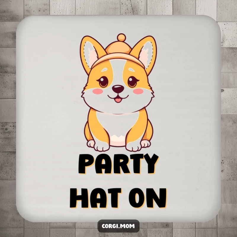 Funny Kawaii Corgi drink coaster, comical expression, hat tilted askew, protecting surfaces with adorable humor.