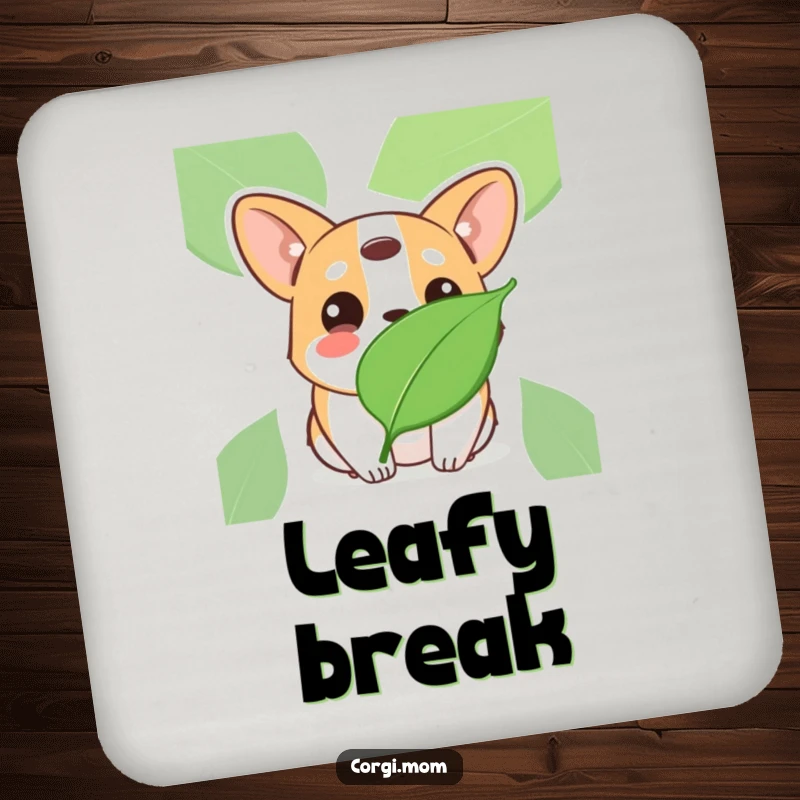 Funny Kawaii Corgi drink coasters, tilting head with innocent eyes at a floating leaf, humorous nature decor.