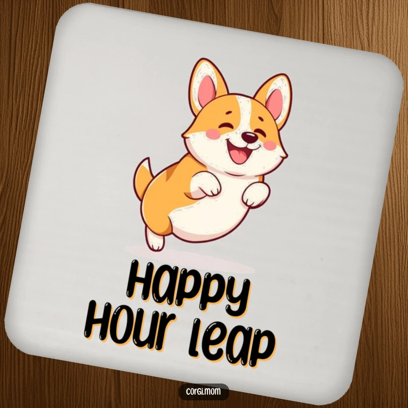 Funny Kawaii Corgi drink coaster, capturing a happy squatting leap with stubby legs, adding cheerful dog art to any surface.
