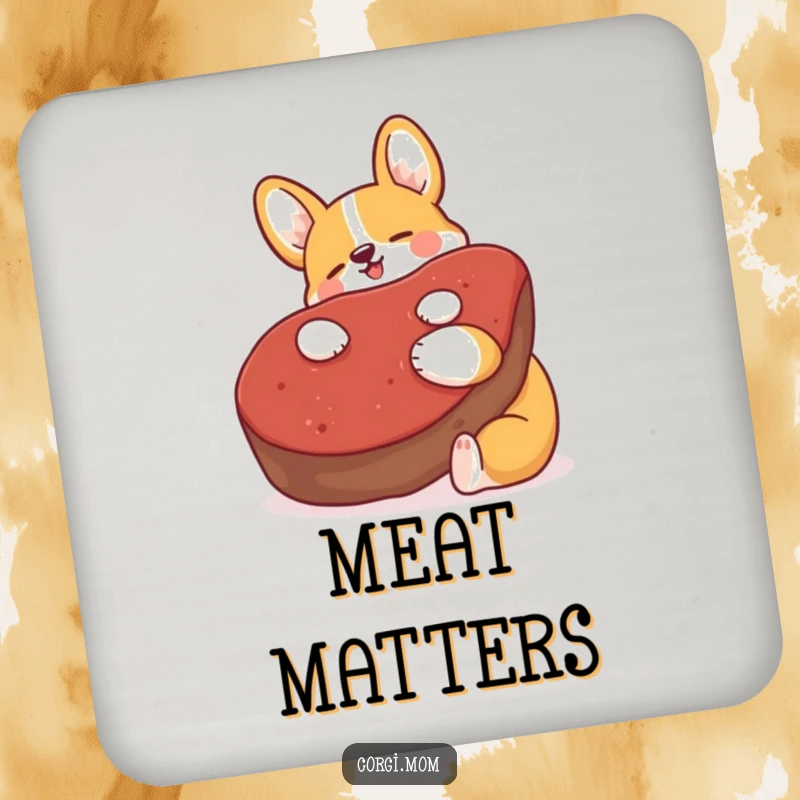 Funny Kawaii Corgi drink coasters, hugging a giant plush steak, protect surfaces with humorous dog art.