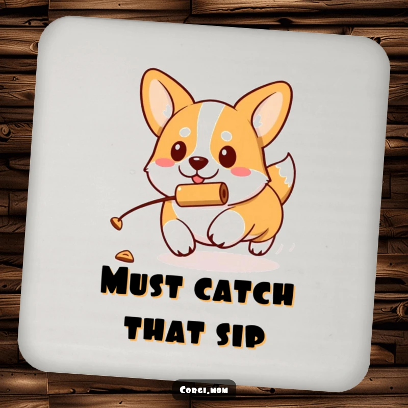 Funny kawaii Corgi with a determined expression chases a rolling treat on this protective and decorative drink coaster.