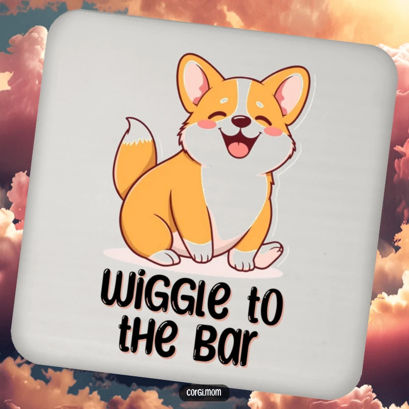 Funny Kawaii Corgi coaster showcasing a cute Corgi wiggling its entire body with pure joy, adding humor to drinks.
