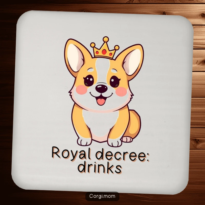 Funny Happy Corgi Coaster showing a cute Corgi dog wearing a tiny crown, offering humorous royal protection for drinks.