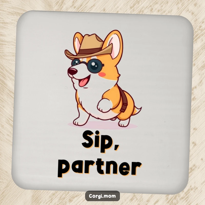 Funny Kawaii Corgi proudly trotting wearing a tiny cowboy hat, a humorous and protective drink coaster.