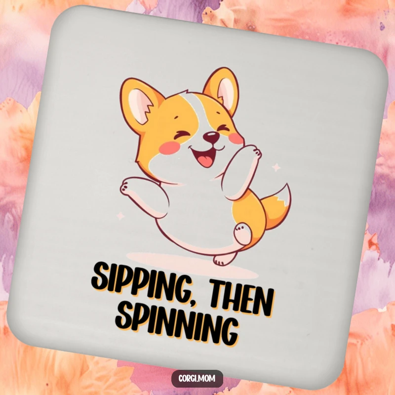 Funny Kawaii Corgi Coaster set with a dog in a joyful tumble, adding humorous charm and surface protection.