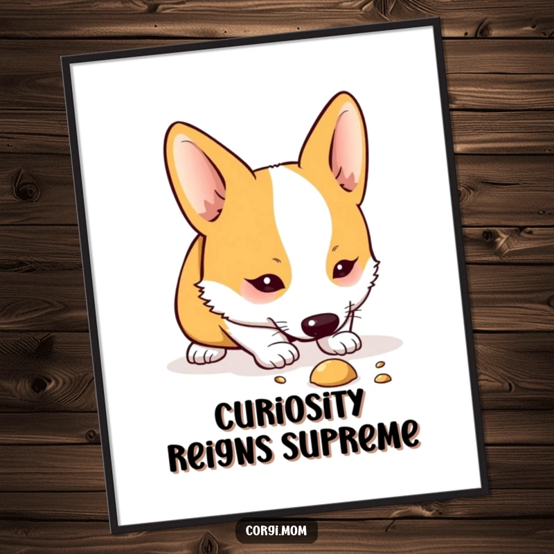Funny Kawaii Corgi poster showing a cute dog curiously sniffing the ground, perfect for adding a touch of playful mystery to any room.