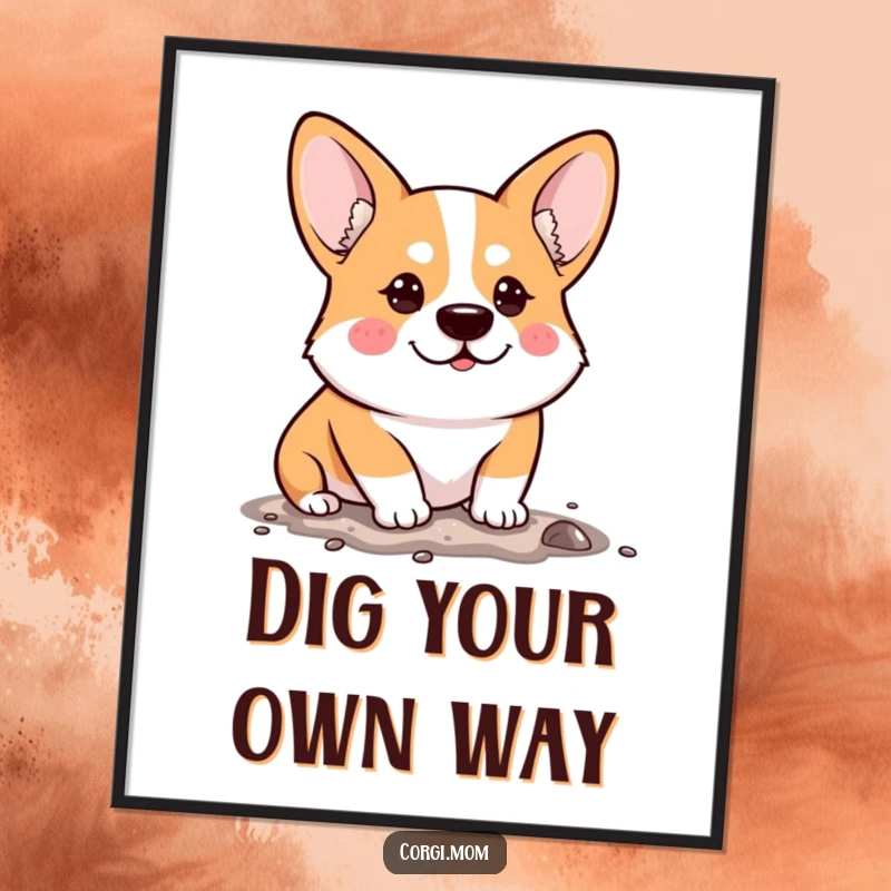 Funny Poster featuring a Kawaii Corgi with a determined look, actively digging, capturing a moment of hilarious, focused effort.