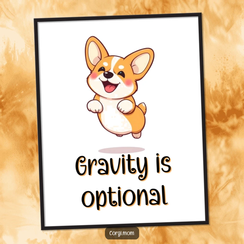 Funny Corgi with large ears in a comical low jump, presented as charming dog wall art.