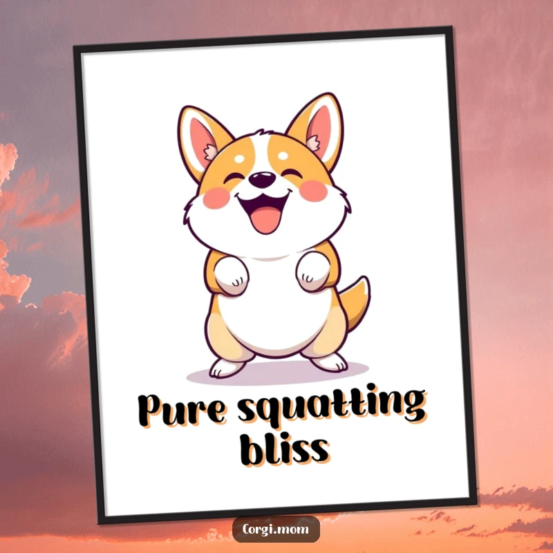 Funny cute Corgi poster performing a joyful, squatting bounce. Great for wall art and a funny gift.