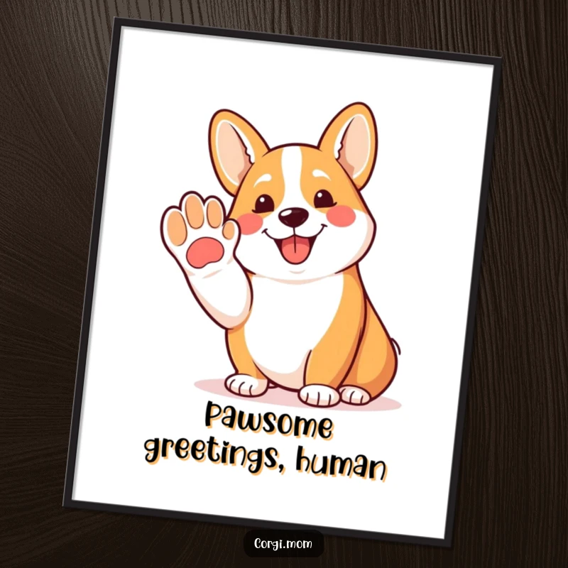 Funny Corgi poster art of a happy Corgi offering a friendly paw with a joyful pant, celebrating canine companionship.