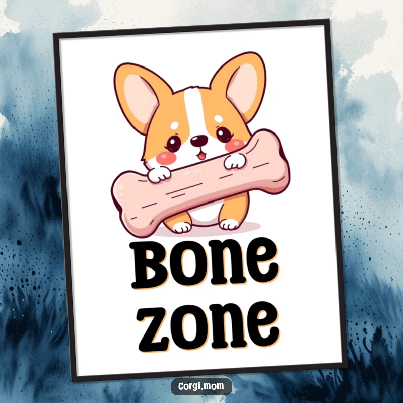 Funny Kawaii Corgi poster, peeking playfully behind an enormous bone, with a mischievous glint, perfect wall art for dog enthusiasts.
