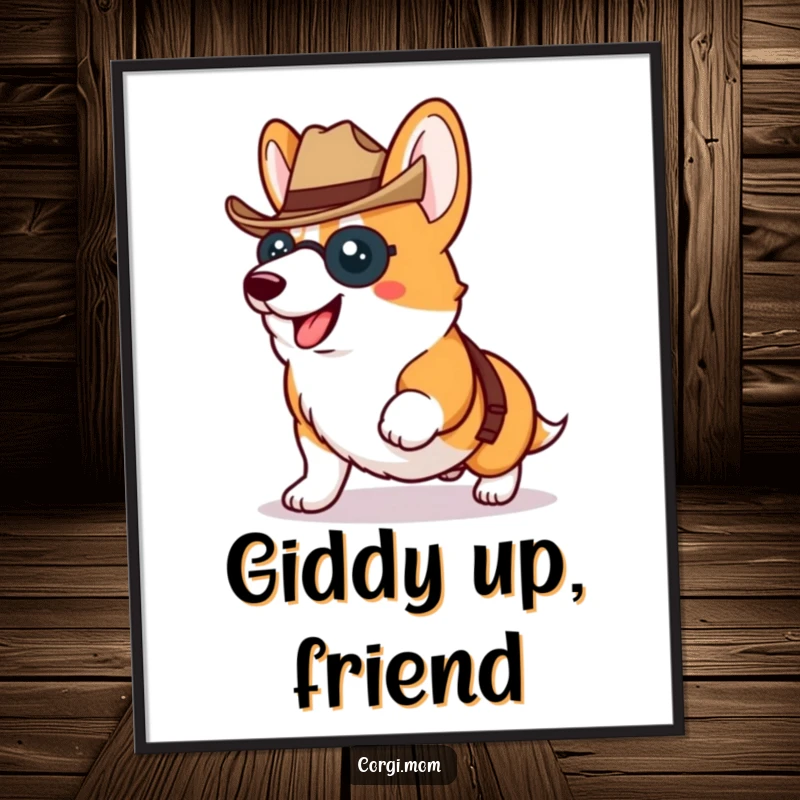 Funny Kawaii Corgi proudly trotting while wearing a tiny cowboy hat, humorous and charming wall art.