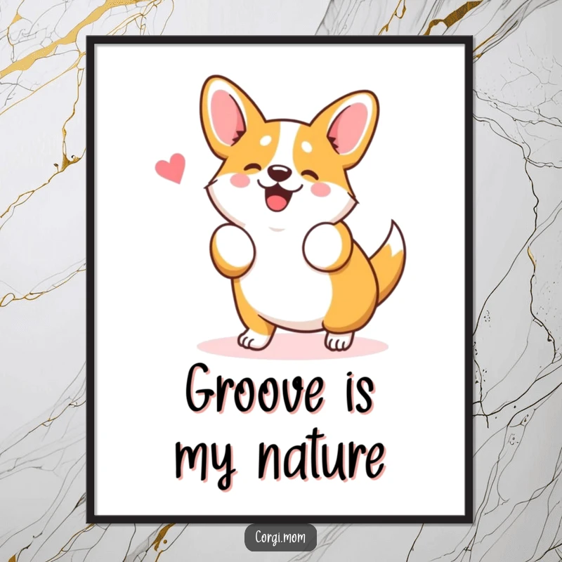 Funny Kawaii Corgi Poster depicting a cute Corgi dog doing a silly wiggle dance, offering playful and humorous art.