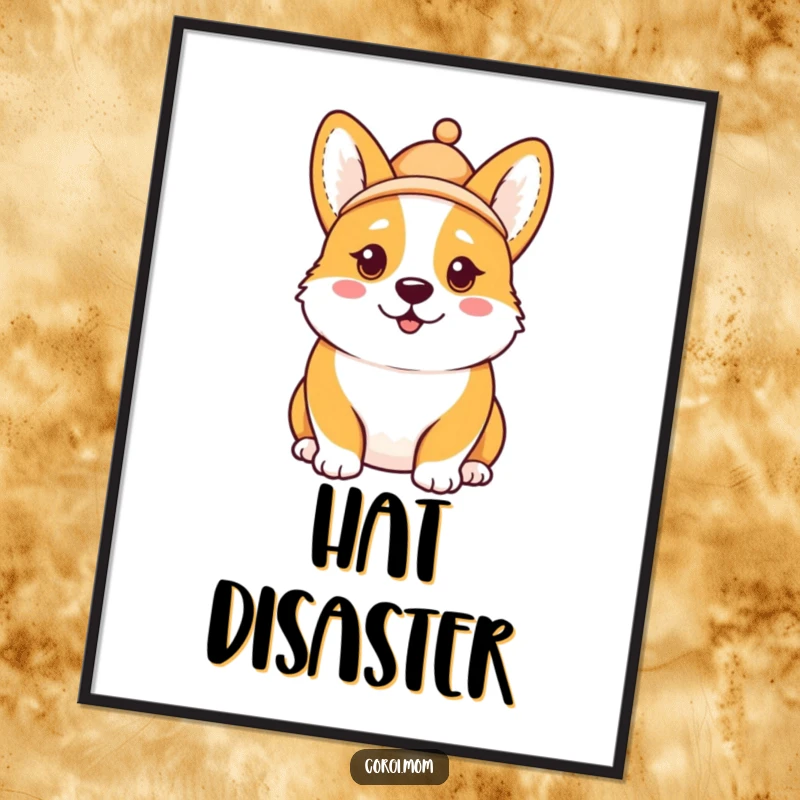 Funny Kawaii Corgi poster, comical expression, hat tilted askew, adding a touch of whimsical humor and charm to any wall.