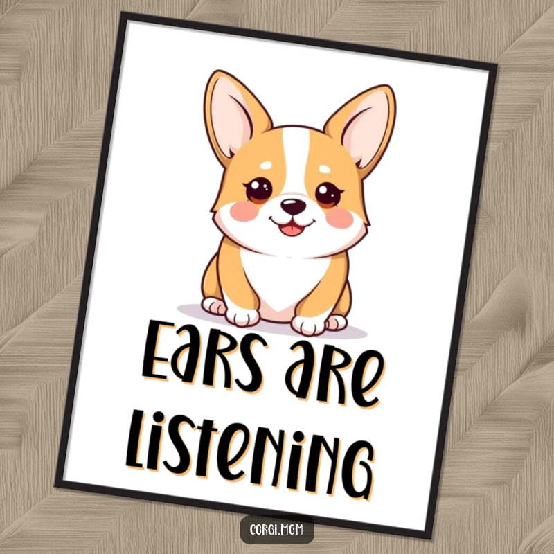 Funny Kawaii Corgi Poster, featuring an alert and happy corgi with perked ears, bright and cheerful wall art for any room.