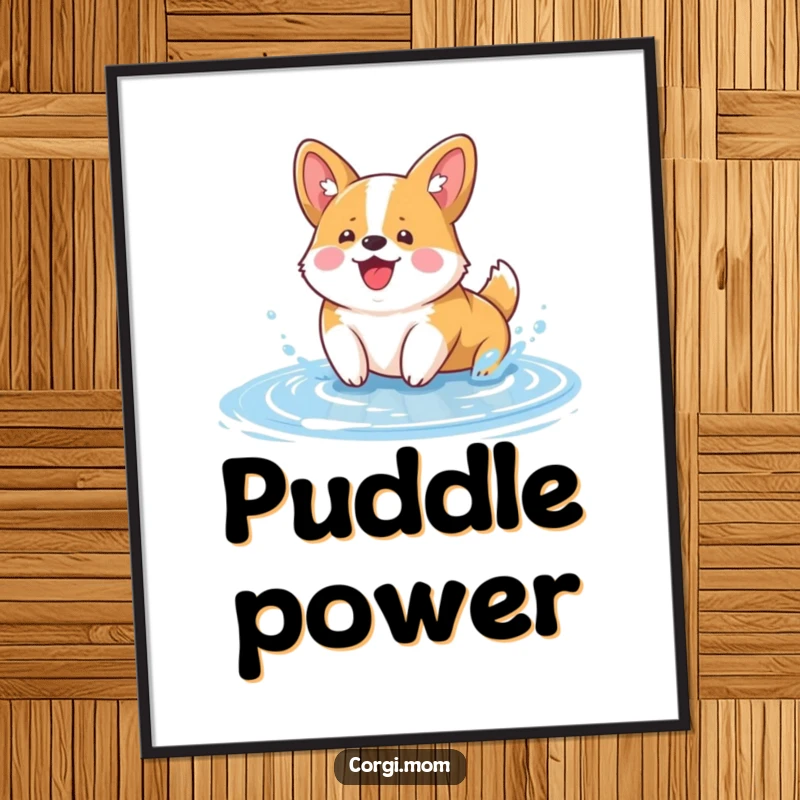 Funny Kawaii Corgi Poster: a cute corgi with a happy expression splashing water in a puddle, perfect wall art for dog lovers.